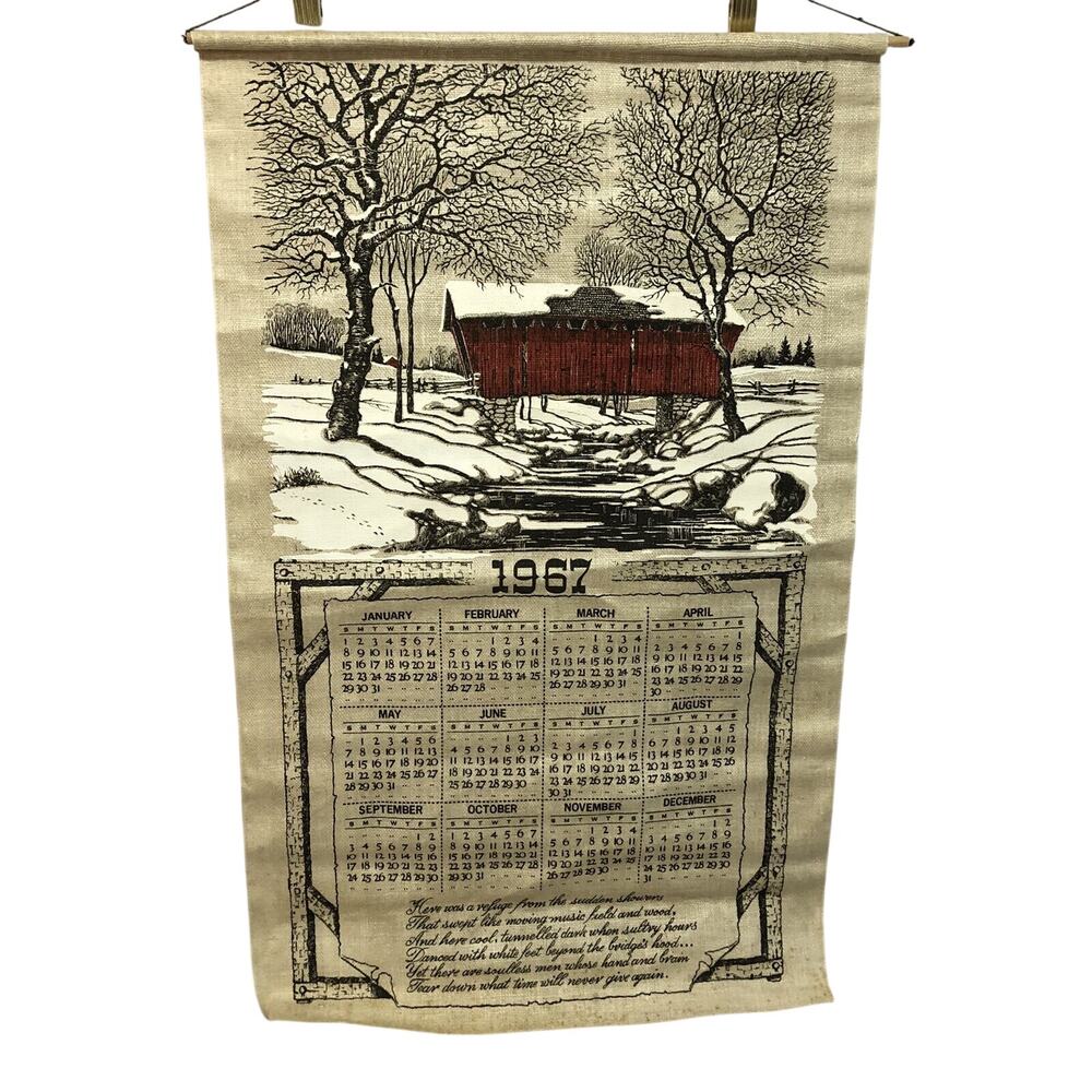 Linen Wall Calendar 1967 Warren Boucher Covered Bridge Red Snowy Winter Scene
